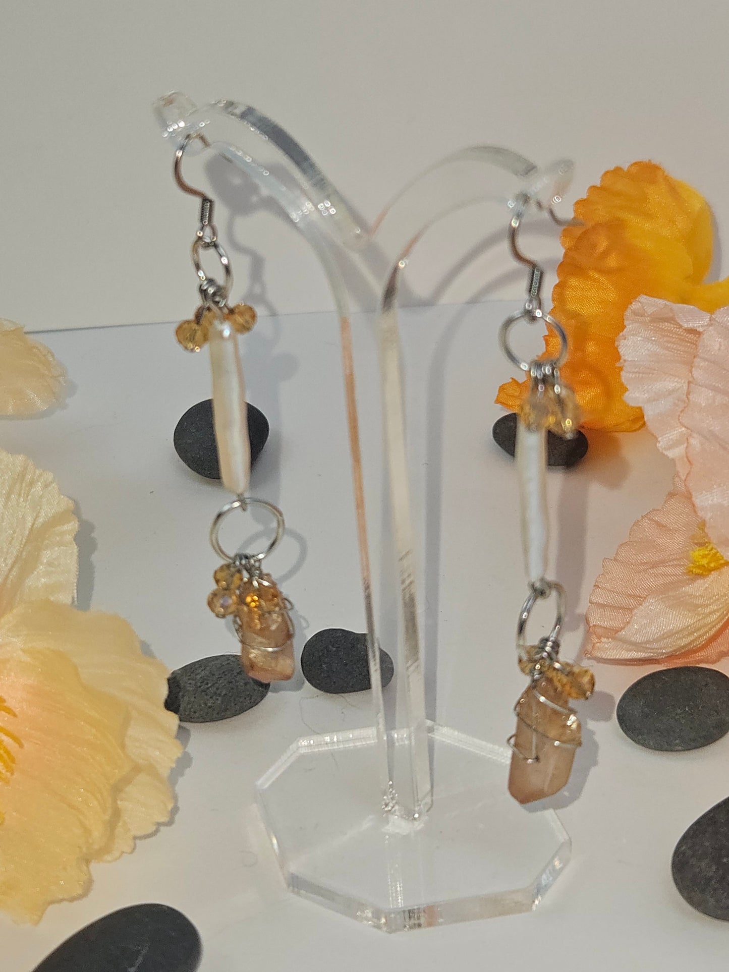 Golden Orange Wire wrapped Crystal with Dangling Baroque Pearls and Beads