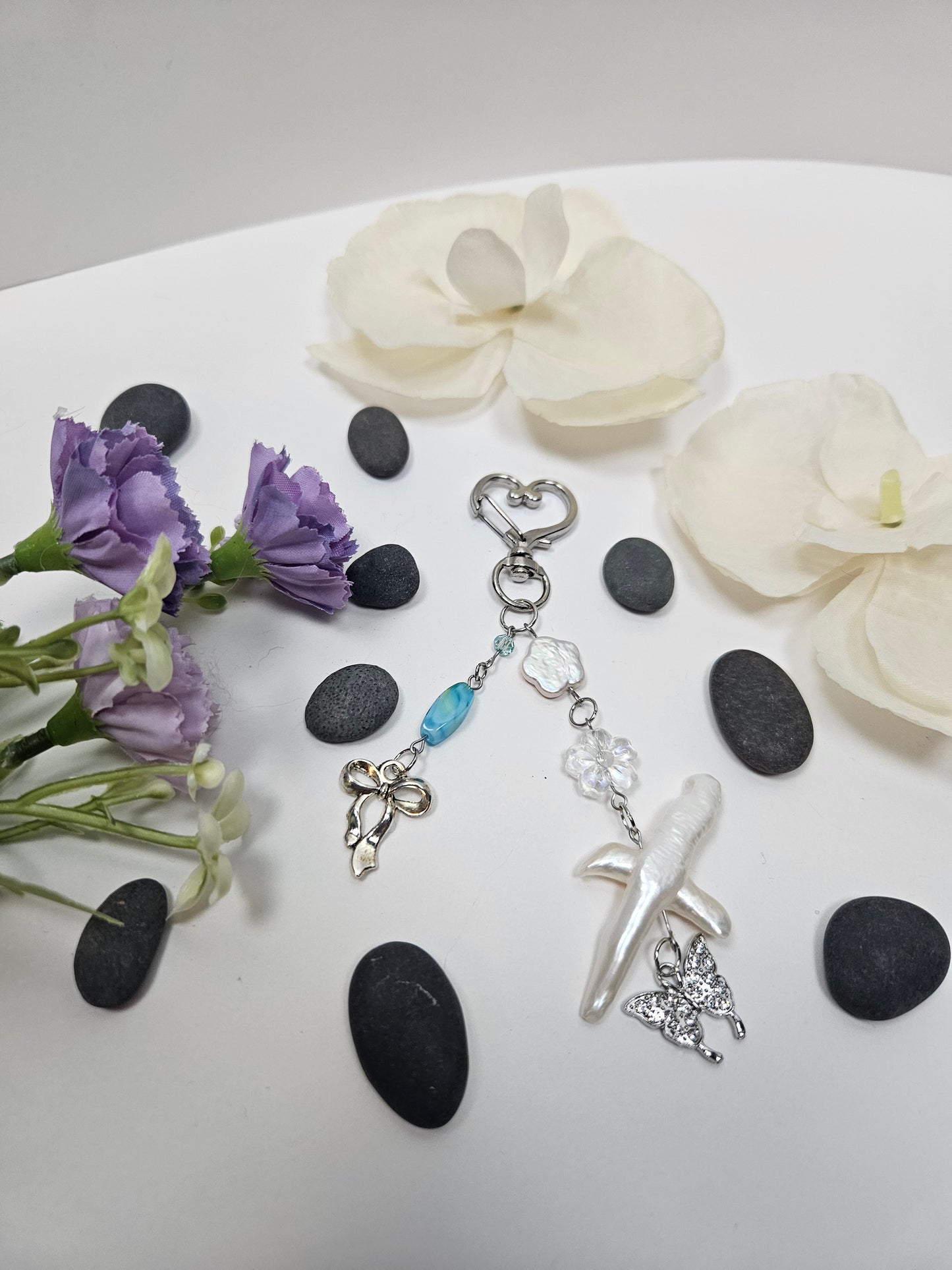 Baroque Pearl Blue Beads Butterfly Bow Floral Keyring Purse Charm