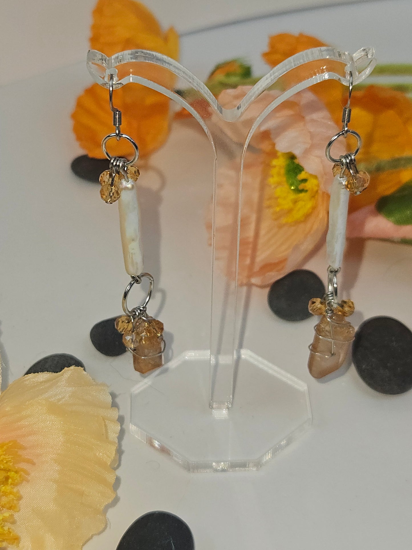 Golden Orange Wire wrapped Crystal with Dangling Baroque Pearls and Beads