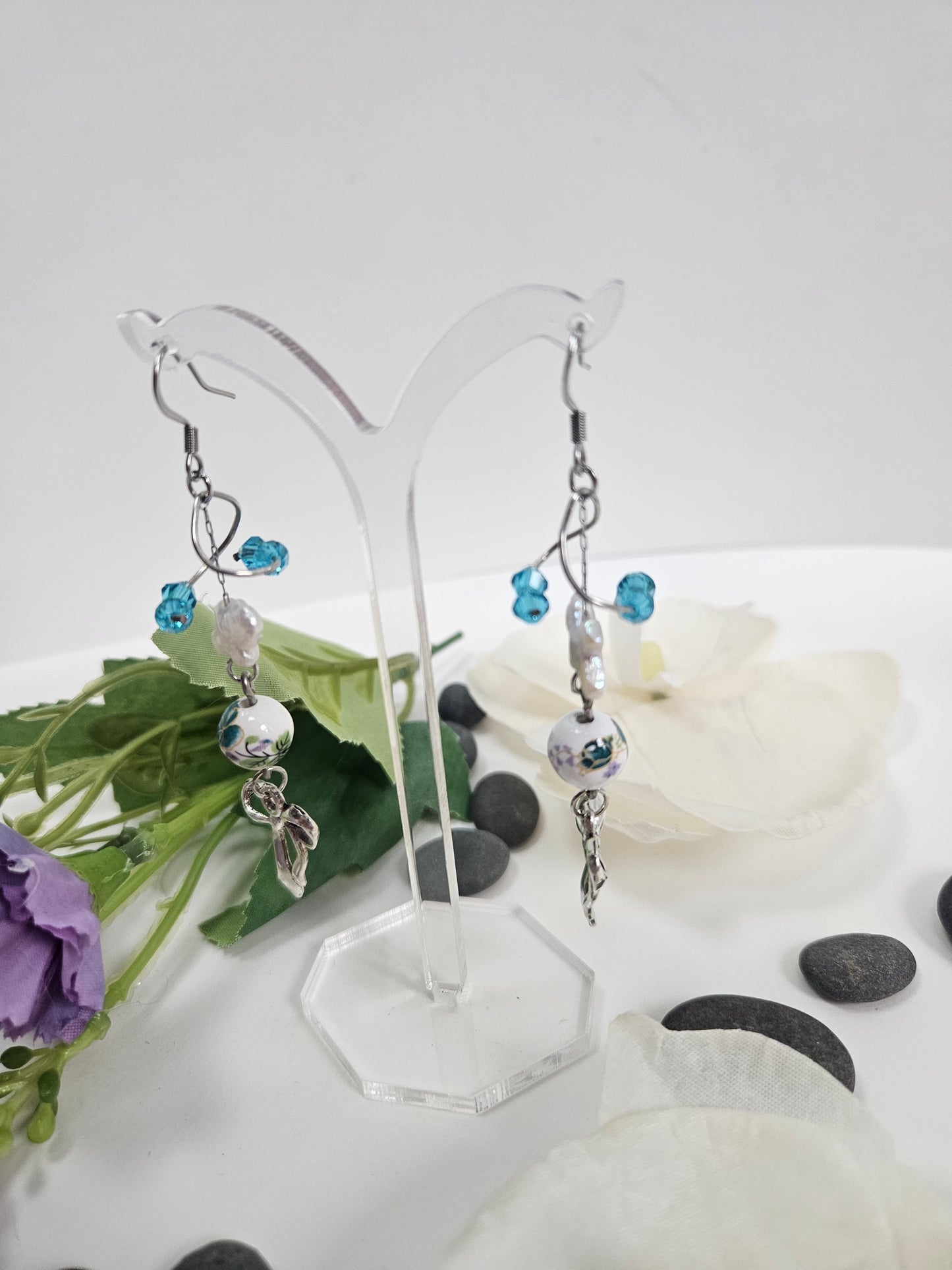 Blue Beads Baroque Pearl Coquette Earrings