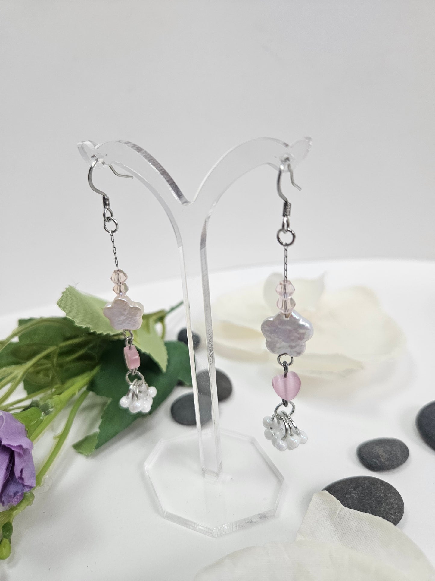Pink Heart and Floral White Baroque Pearl and Glass Bead Abstract Earring