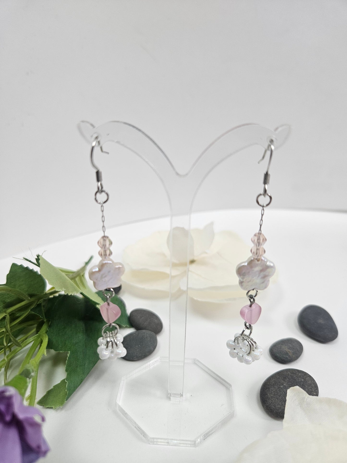 Pink Heart and Floral White Baroque Pearl and Glass Bead Abstract Earring