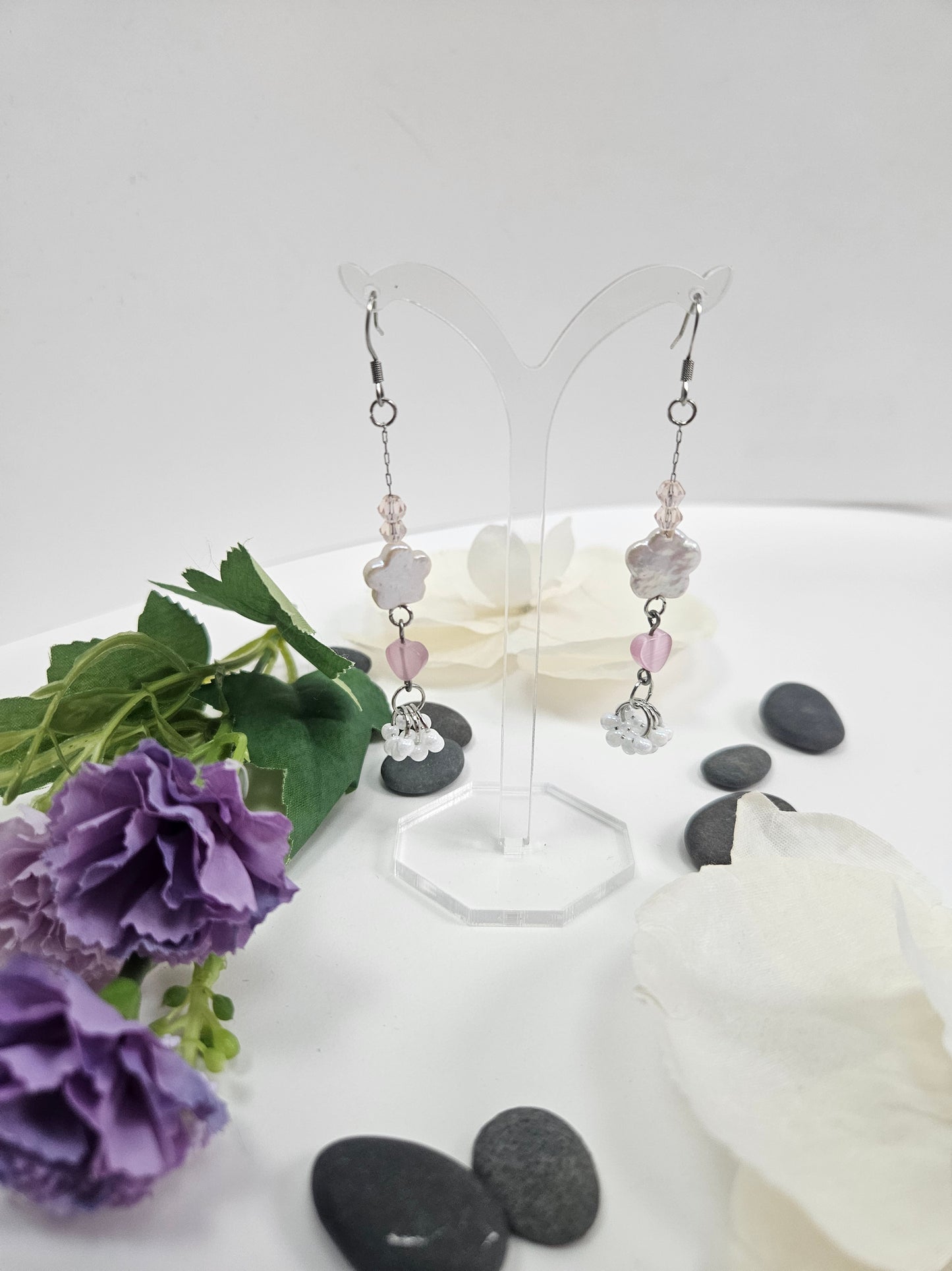 Pink Heart and Floral White Baroque Pearl and Glass Bead Abstract Earring
