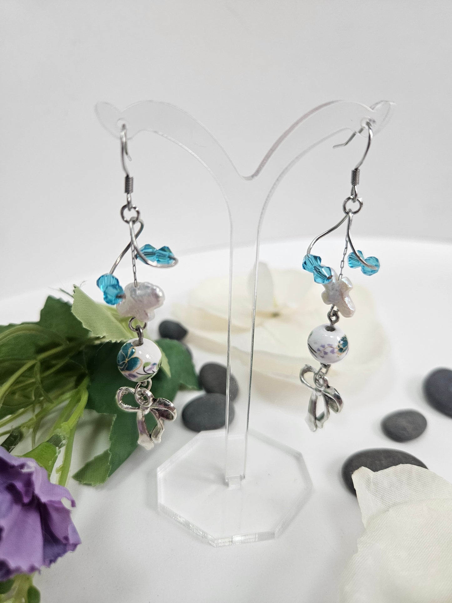 Blue Beads Baroque Pearl Coquette Earrings
