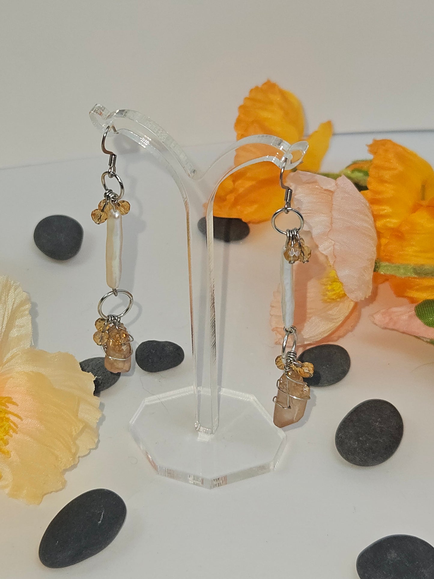 Golden Orange Wire wrapped Crystal with Dangling Baroque Pearls and Beads