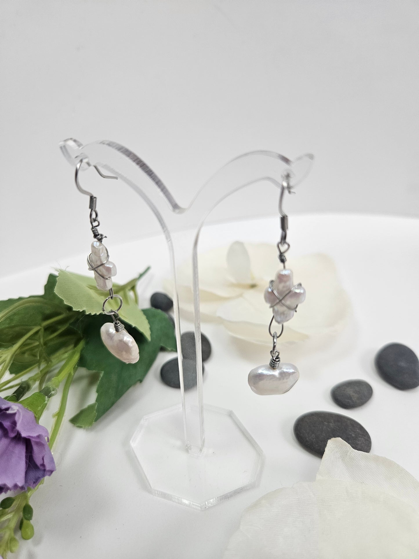 Baroque Pearl Butterfly and Cross Earrings