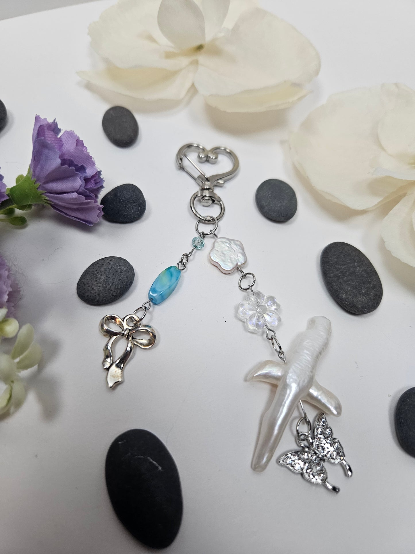 Baroque Pearl Blue Beads Butterfly Bow Floral Keyring Purse Charm