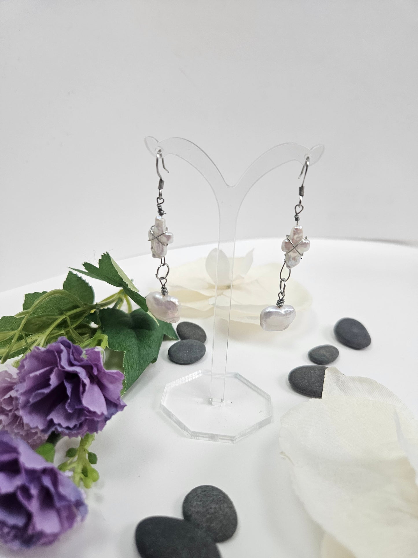 Baroque Pearl Butterfly and Cross Earrings