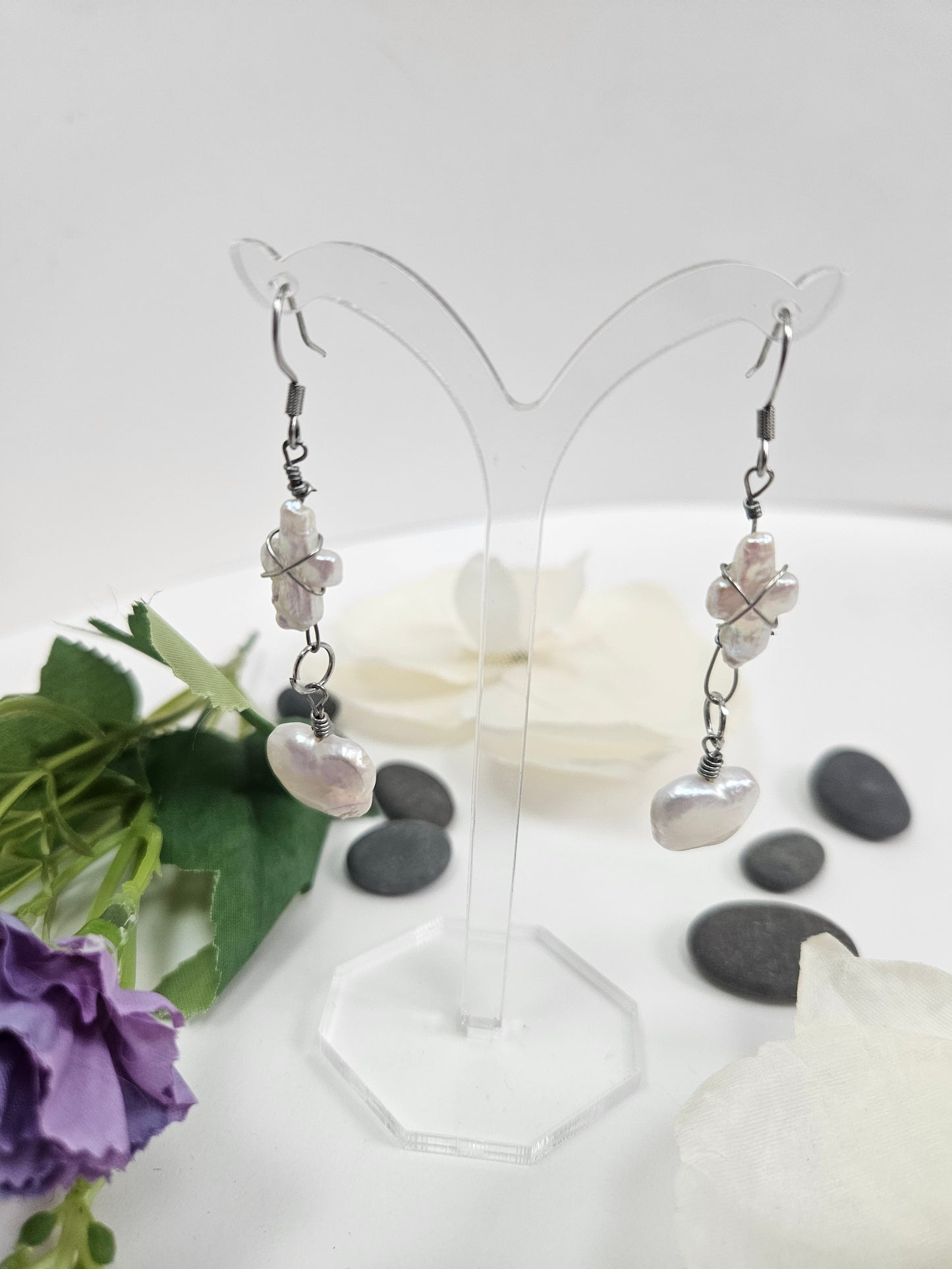 Baroque Pearl Butterfly and Cross Earrings