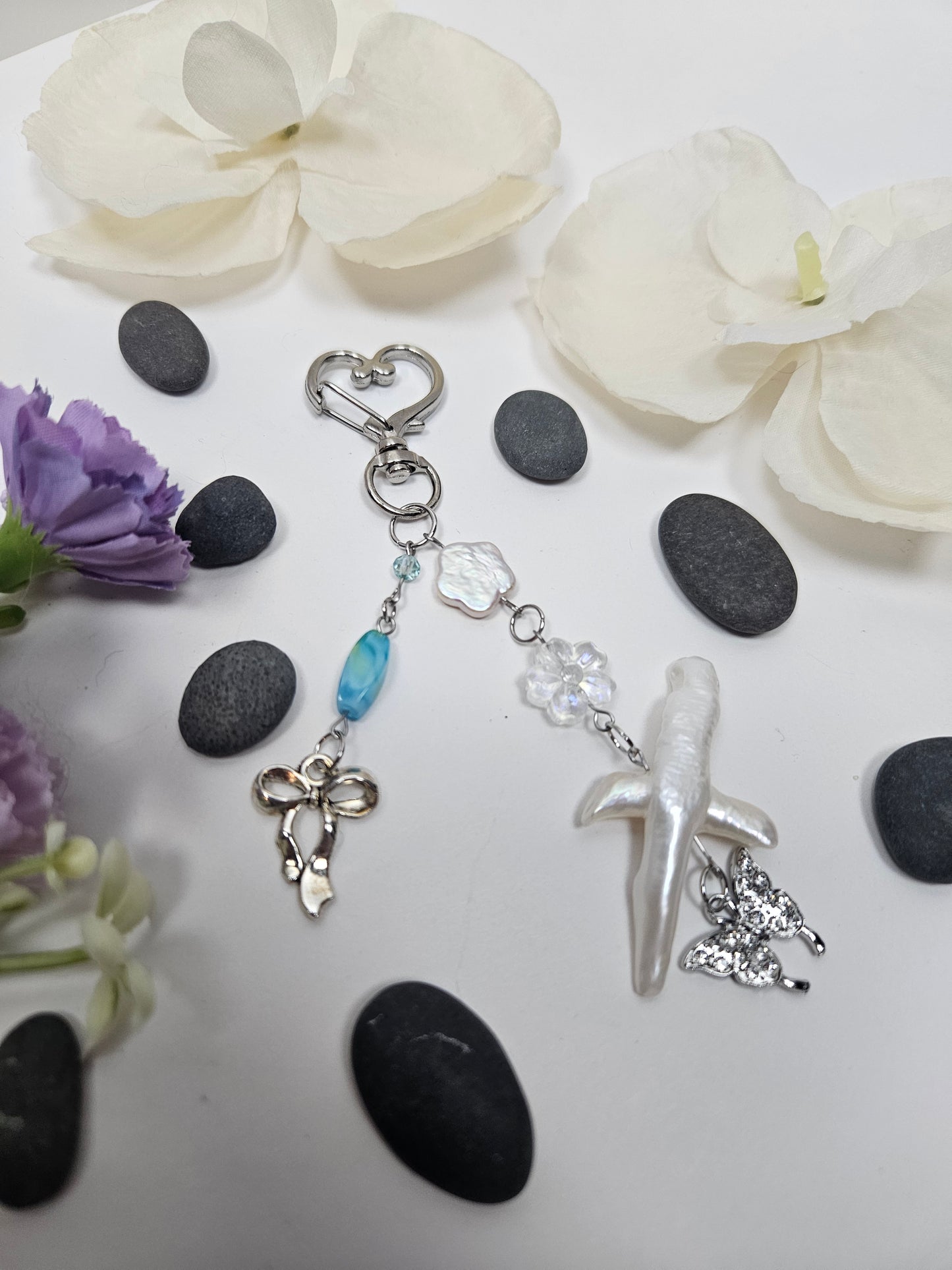 Baroque Pearl Blue Beads Butterfly Bow Floral Keyring Purse Charm